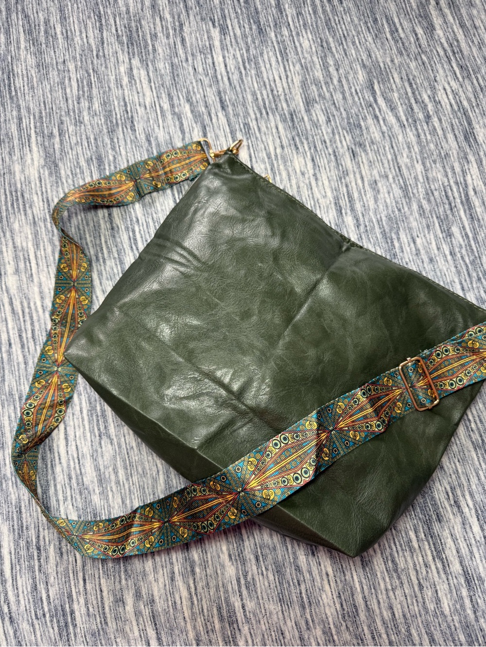 Green Leather Crossbody Bag with Embroidered Strap